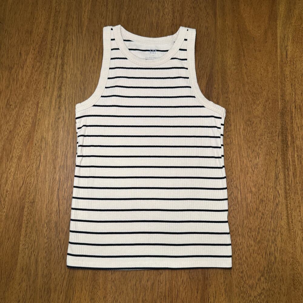 Gap High Neck Ribbed Tank Women’s Small Cream Black Striped Sleeveless Top